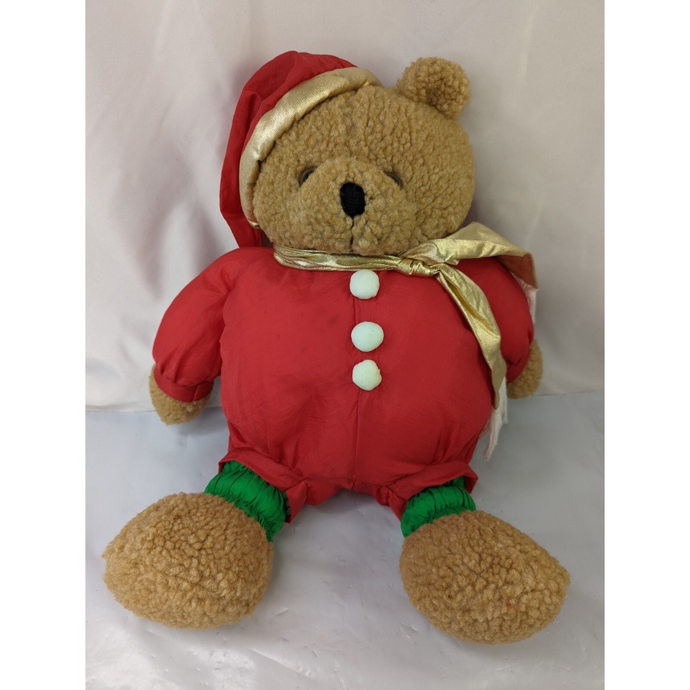 Sherpa Brown Bear Plush 16 Inch Nylon Body Christmas Green Red Stuffed Animal